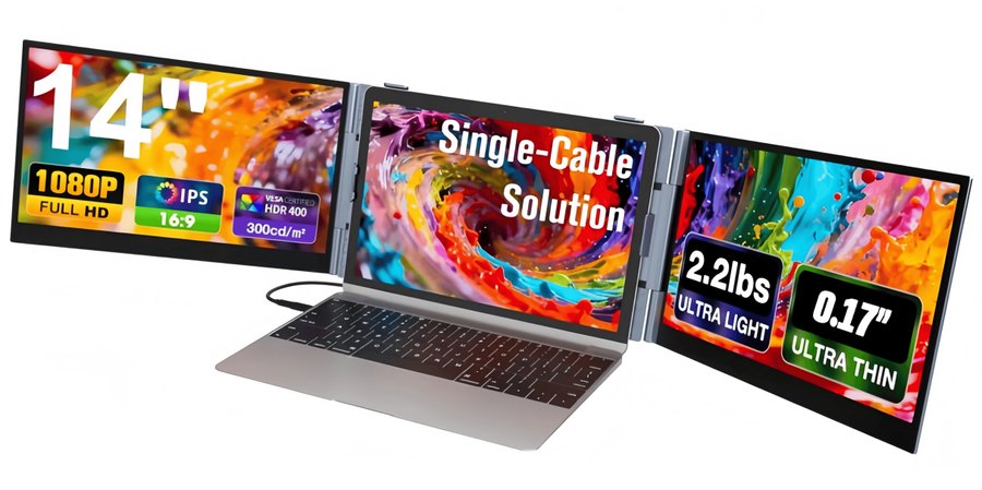 S8 ULTRA 14-inch: two wings clamped to a laptop, three screens in total