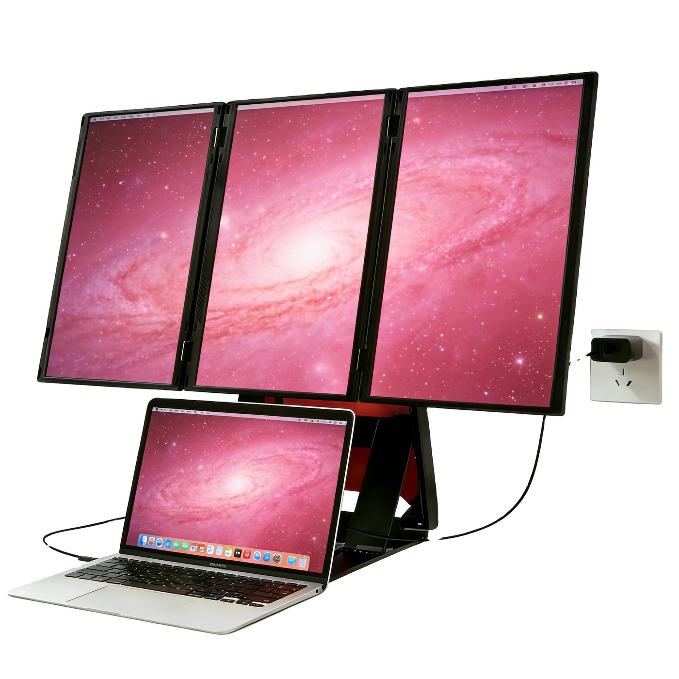 BJYP Z4 PRO box-style triple-screen workstation standing behind a laptop, three 15.6-inch panels unfolded into one panorama